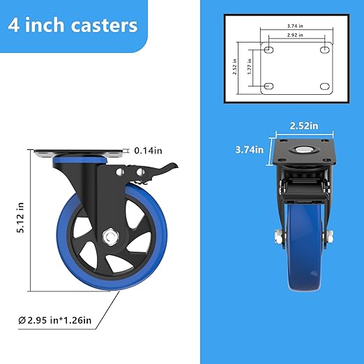 4'' Caster Wheels with Brake, Heavy Duty Casters Set of 4, Swivel Top Plate Casters with Double Ball Bearings, Industrial Locking Castor Wheels for Furniture, Workbench, Cabinet