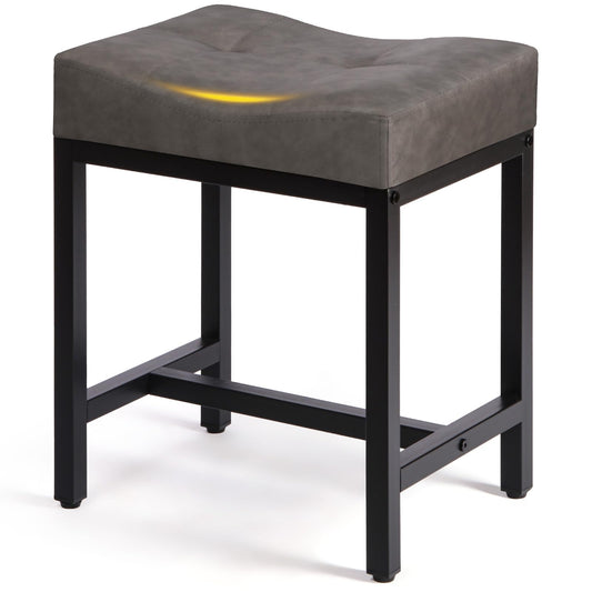 Saddle Seat Vanity Stool, Makeup Stool Chair with Metal Leg, U-Shaped Leather Ottoman Foot Rest Stool, Small Square Chairs Under Desk for Vanity, Living Room, Bedroom, Modern Makeup Bench Grey&Black