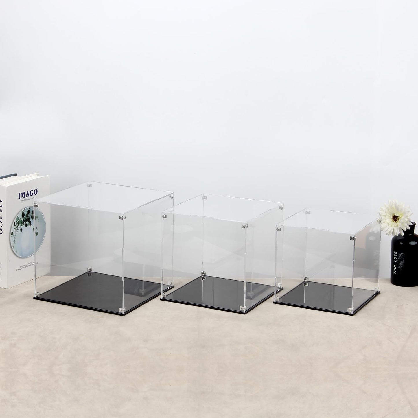 Kcgani Clear Self-Assembly Acrylic Boxes for Display, Transparent Display Case with Black Base and Lid, Cube Countertop Storage Boxes Glass Case for Collectibles Models Doll Boy Figurine, 9x9x9Inch