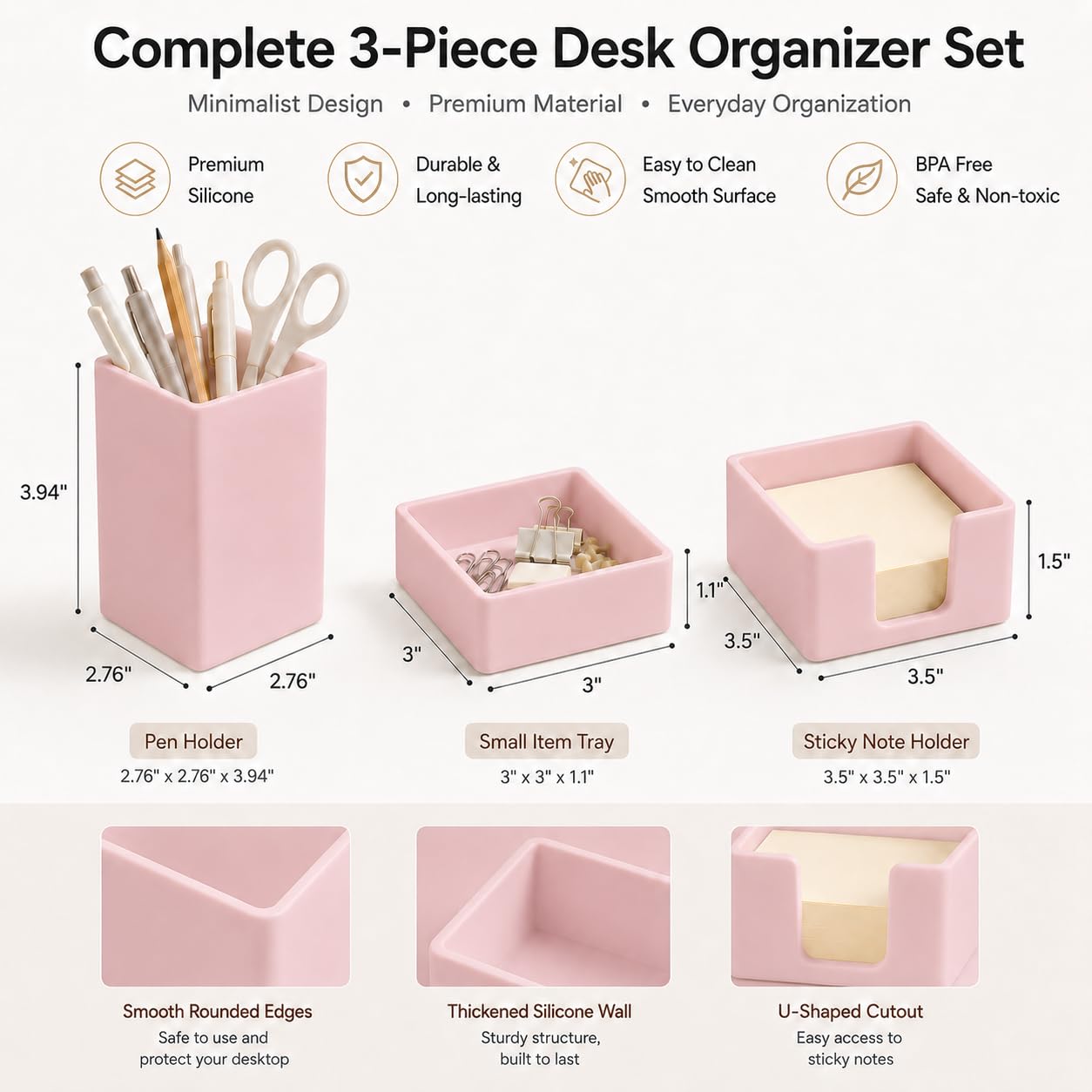 minimaliving Aesthetic Silicone Desk Organizer Set of 3,Modern Office Desk Accessories with Pen Holder,Paperclip Tray,Sticky Note Holder,Stylish Functional Office Desk Decor for Back-to-school(Pink)