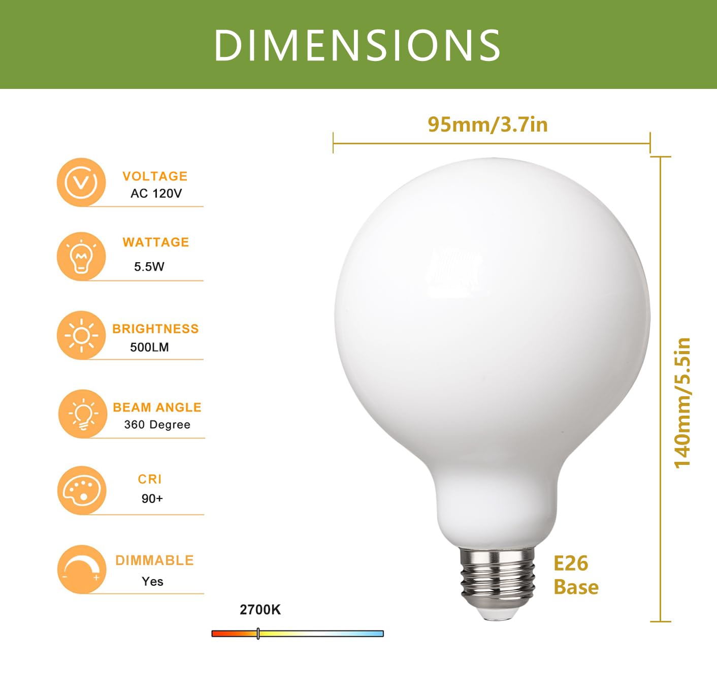 MEILUX 2 Pack G30(G95) Globe LED Light Bulbs, 5.5W Dimmable 50 Watt Equivalent LED Edison Bulbs, Warm White 2700K, 500LM, E26 Base, Milky LED Filament Bulbs for Vanity Bathroom Bedroom