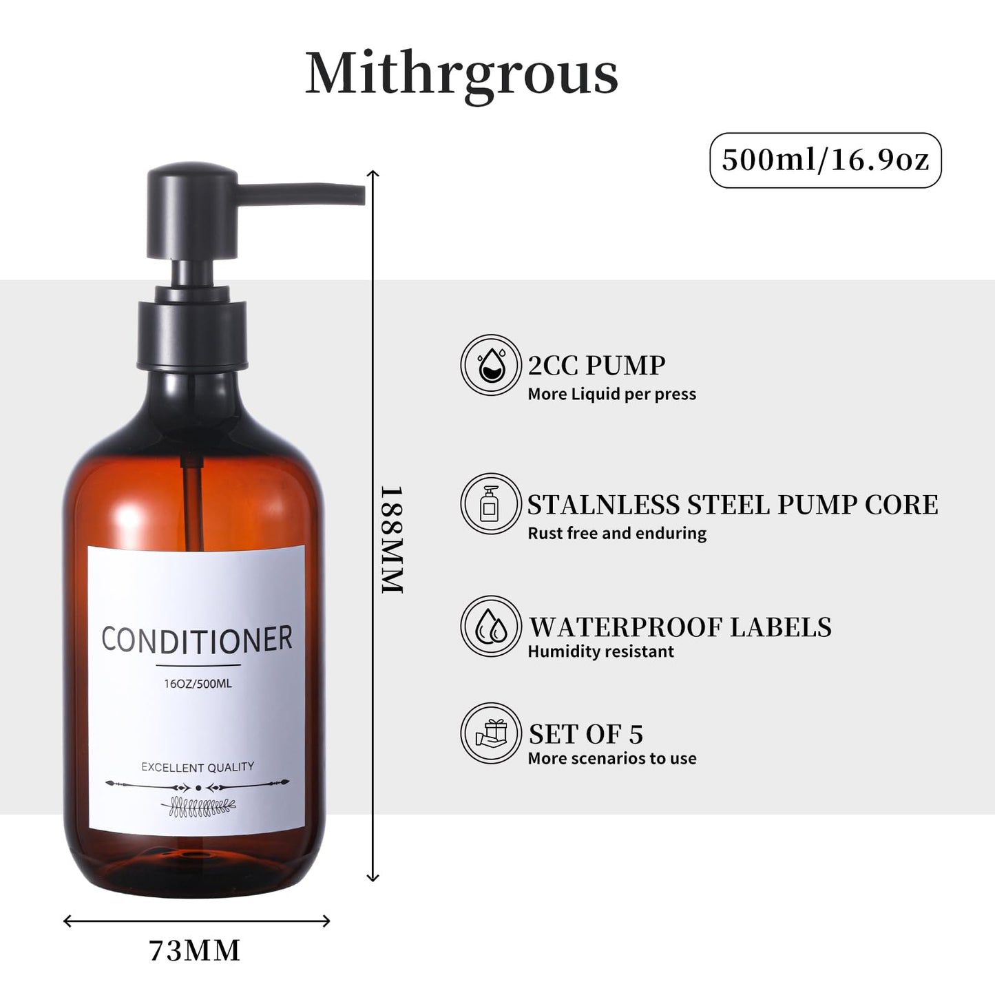 Mithrgrous Shampoo and Conditioner Bottles(5Pack),Shampoo Dispenser for Shower,Bottles Refillable with Pump,Bathroom Dispenser Sets(Amber)