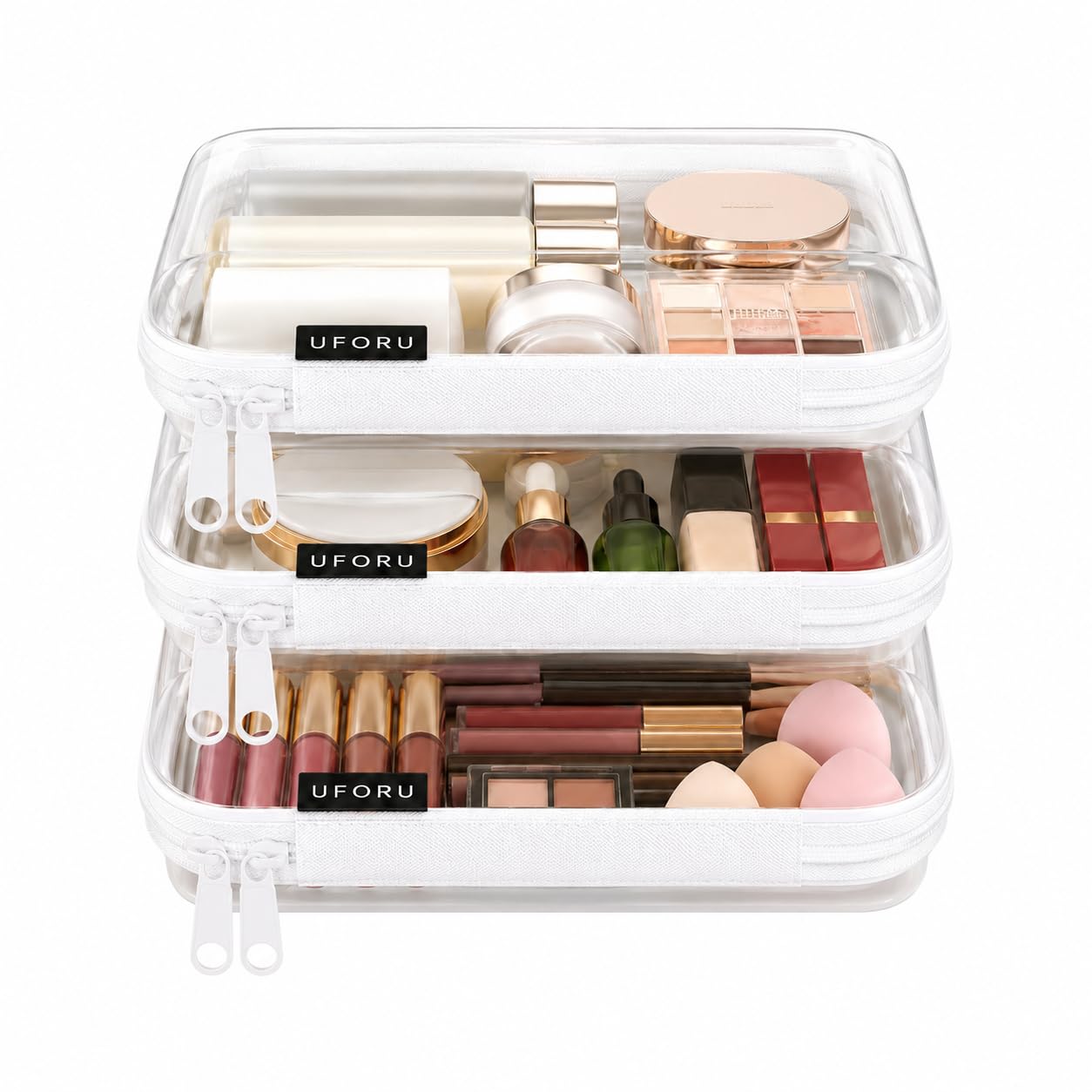 UFORU 3 Pack Clear Hard Shell Zipper Case, Heavy Duty Portable Clear Zipper Pouches, Travel Makeup Organizer & Toiletry Bag, Diaper Bag Organizer Pouches for Toys, Tech & Art Supplies, Large
