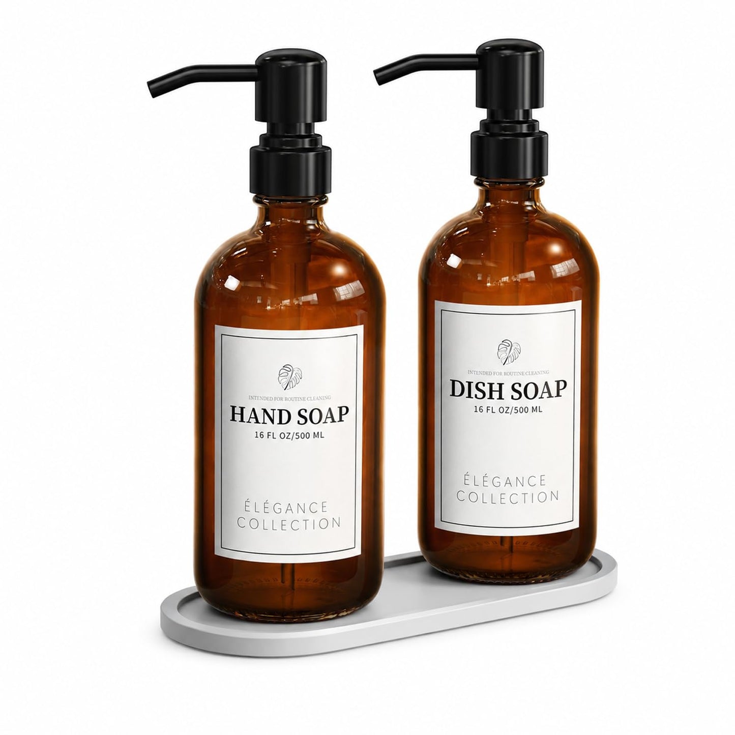 Fachixy Amber Glass Soap Dispenser (2 Pack), 16 Fl Oz Hand & Dish Soap Dispenser Bottles Set with Leak-Resistant Stainless Steel Pump, Non-Slip Pad, 14 Waterproof Labels for Kitchen and Bathroom
