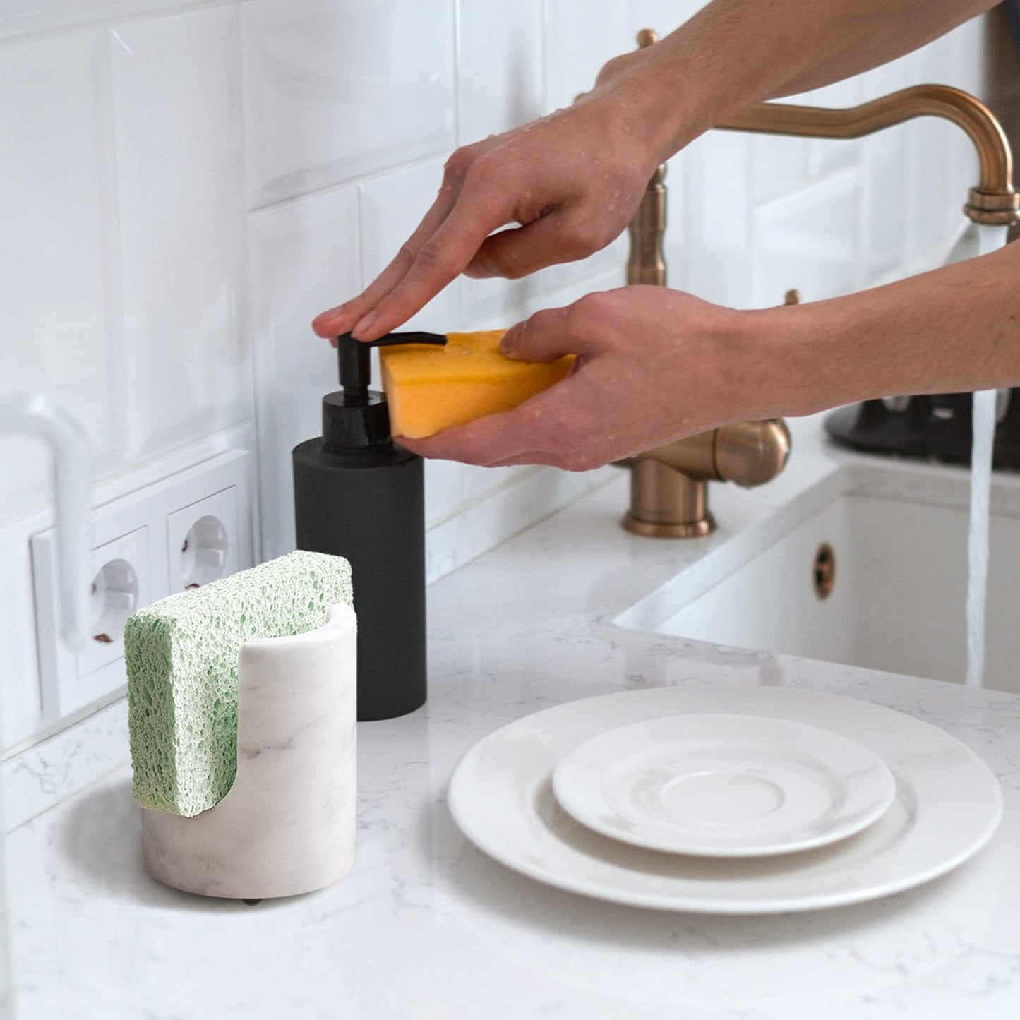 EVERBBKING Marble Sponge Holder Sink Sponge Caddy for kichen counter Drying Rack for Sink Organizer Modern Stone Kitchen Sink Caddy