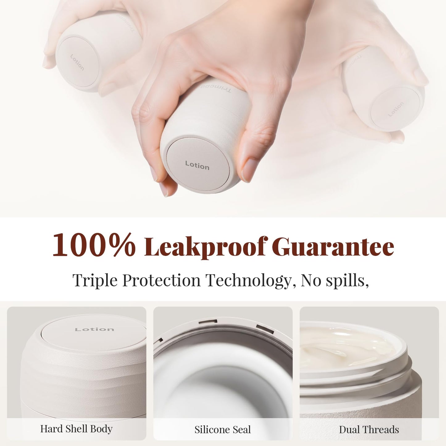Trimcoo New Travel Toiletry Containers [Ultra Leakproof] TSA-Approved, PLA Hard Shell Jars with 5 Magnetic Labels, Wide Mouth Bottles for Lotion, Cleanser, Shampoo, Conditioner, Beige, 3 Pack, 1OZ