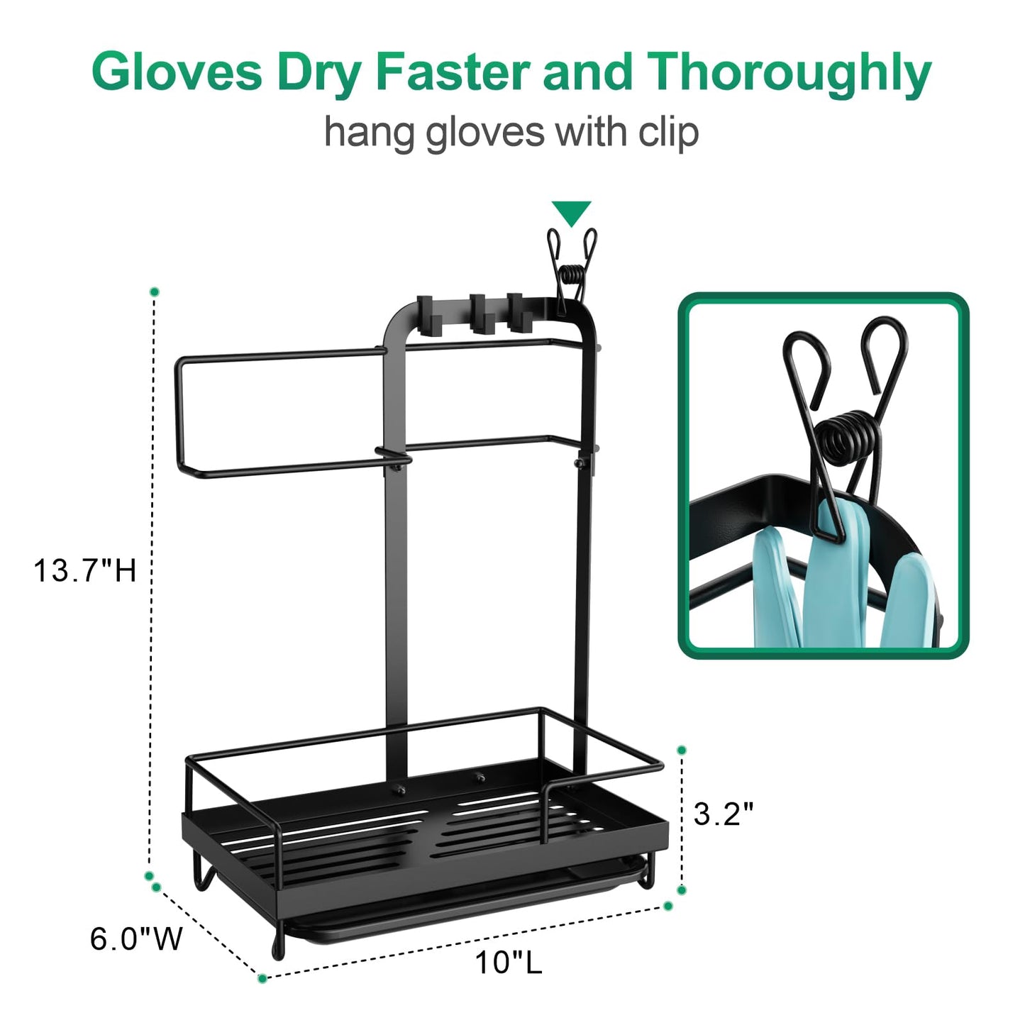 GSlife Sink Caddy Kitchen Sink Organizer - Large All-in-One Sponge Holder with Towel Holder, Rust Resistant Countertop Caddy with Drip Tray and Hooks for Brush, Gloves, Drying Hanger, Black