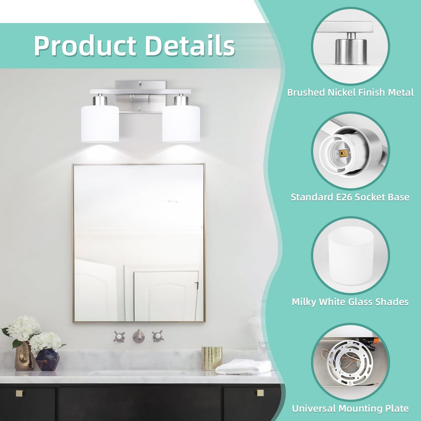 SILAMPDI Bathroom Lighting Fixtures Over Mirror Brushed Nickel, Modern 2-Light Vanity Lights Fixtures, Wall Sconces Light for Bedroom, Hallway, Milky White Glass Shades, E26 Base, Bulbs Not Included