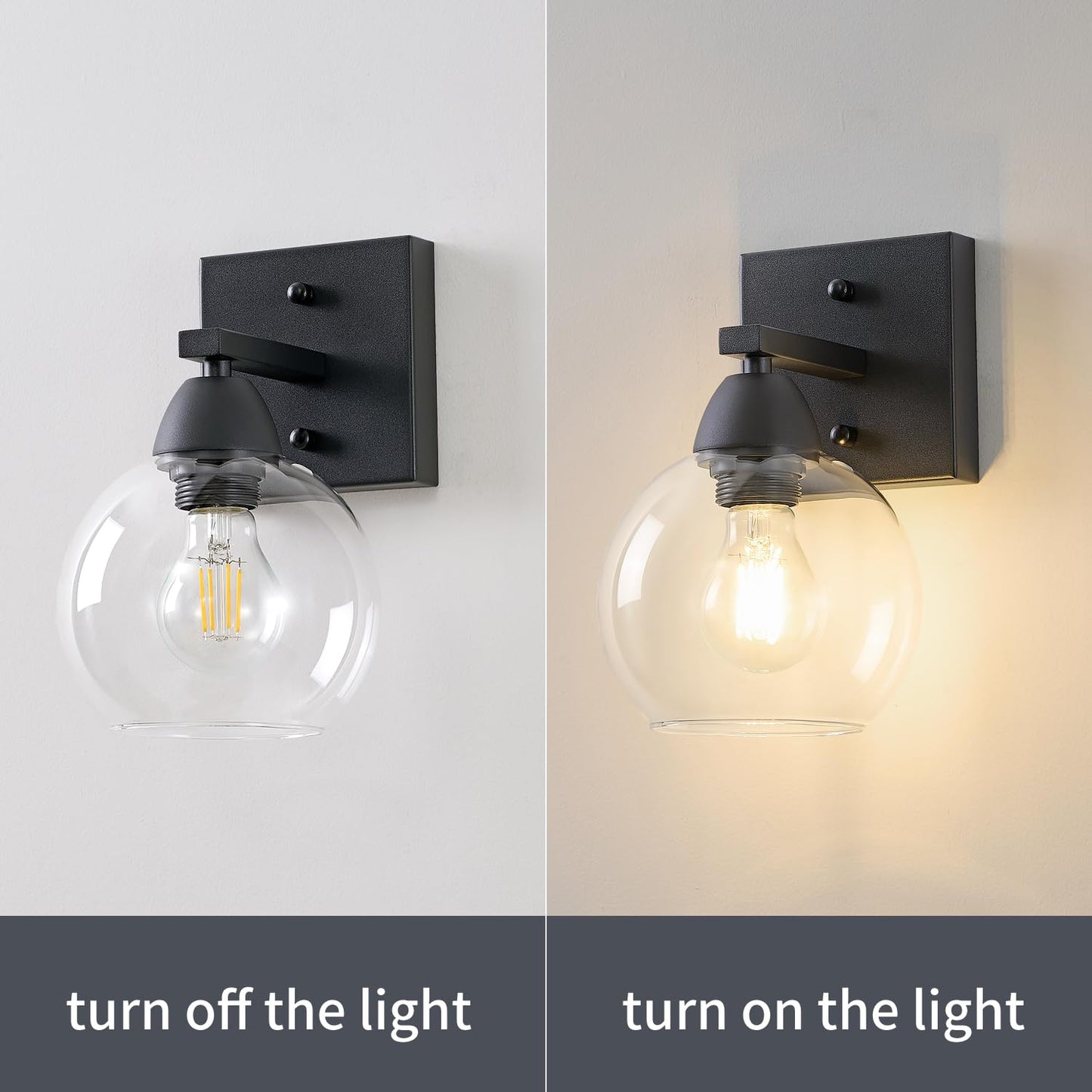 Ruibutrade Bathroom Light Fixtures, 1-Light Matte Black Vanity Light with Hand-Blown Globe Glass Shade, High Clarity & Durable, Wall Sconce for Mirror, Kitchen, Bedroom, Hallway