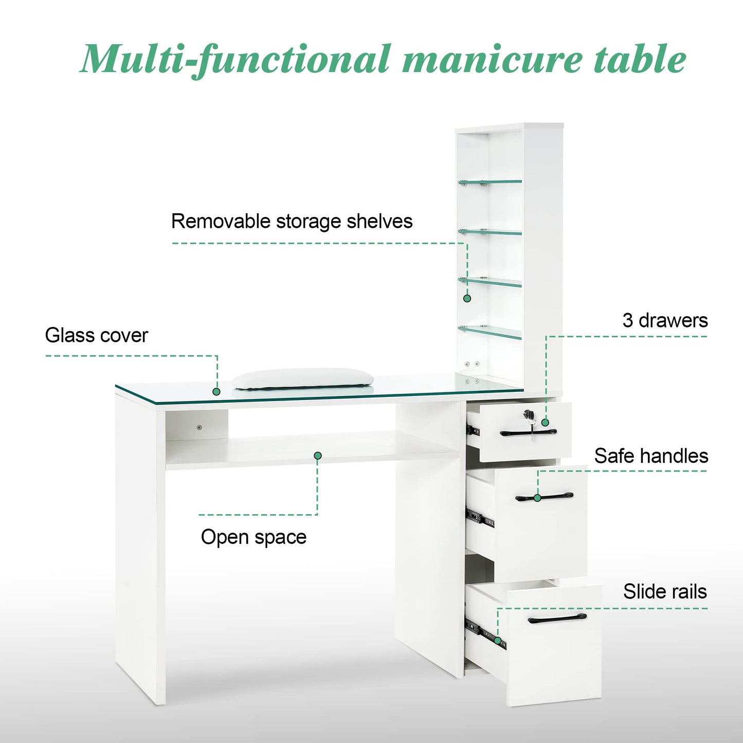 BarberPub Manicure Table with Drawers, Storage Shelves Spa Beauty Salon Station Nail Desk 2673, 45*60*19 inch (White)