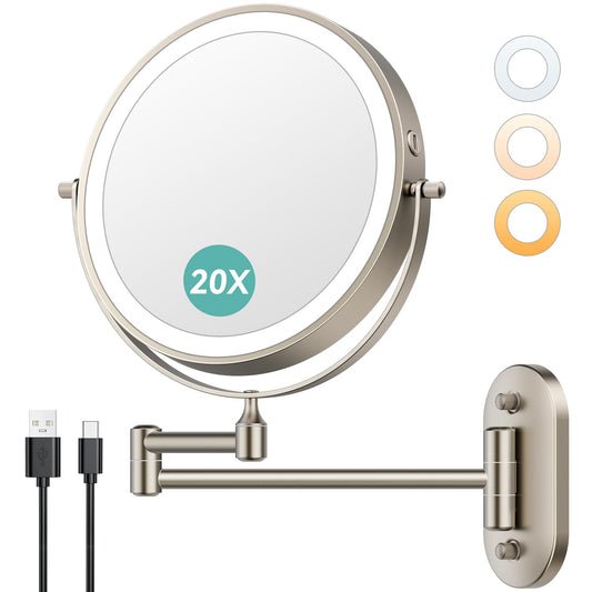 Auxmir 8'' Wall Mounted Lighted Makeup Mirror, 3200mAh Rechargeable Double-Sided 1X/20X Magnifying Mirror with Light, Touch Dimmable 3 Color Light, 360° Rotation Foldable Extended Arm, Nickel