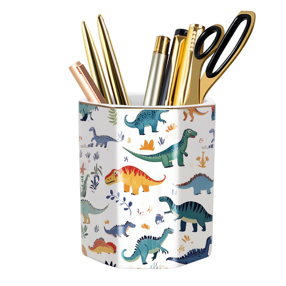 WAVEYU Cute Pen Holder, Pencil Cup for Desk, Desk Organizer, Durable Ceramic Decorative Makeup Brush Desktop Accessories, Stylish Stationery for Office, Home, Cute Dinosaur Pattern