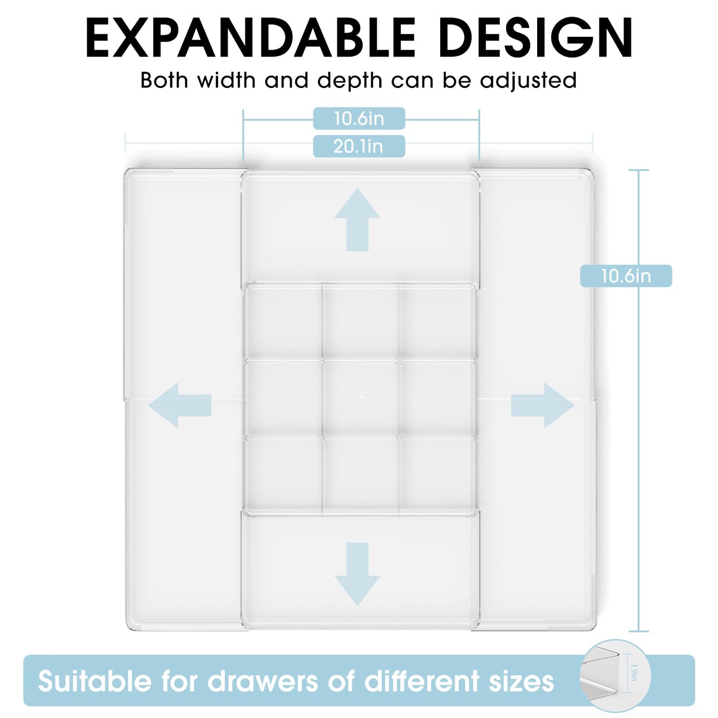 MIUOPUR Expandable Drawer Organizer, Width (10.6"-20.1") Depth (11"-20.1"), Clear Makeup Drawer Organizer with 6 Removable Dividers, Silverware Organizer, Great for kitchen and Bathroom Drawers
