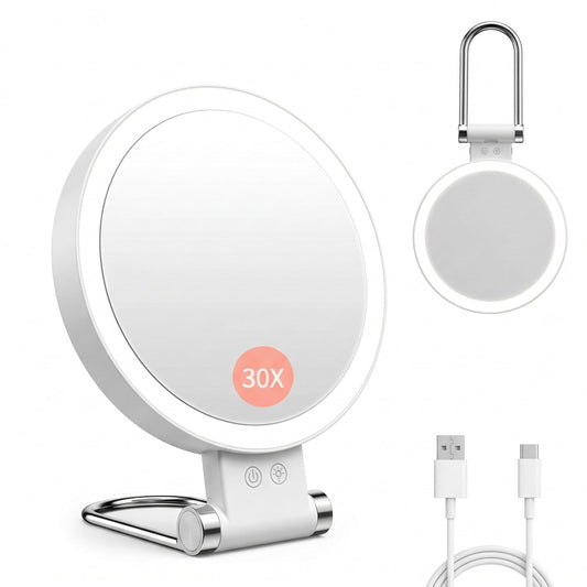 Makeup Mirror with Lights, Magnifying Mirror 1X/30X with Adjustable 3 Color Light, Double Side Control, 2000mAh Rechargeable, Lighted Makeup Mirror with Magnification, Smart Memory, Gift for Women