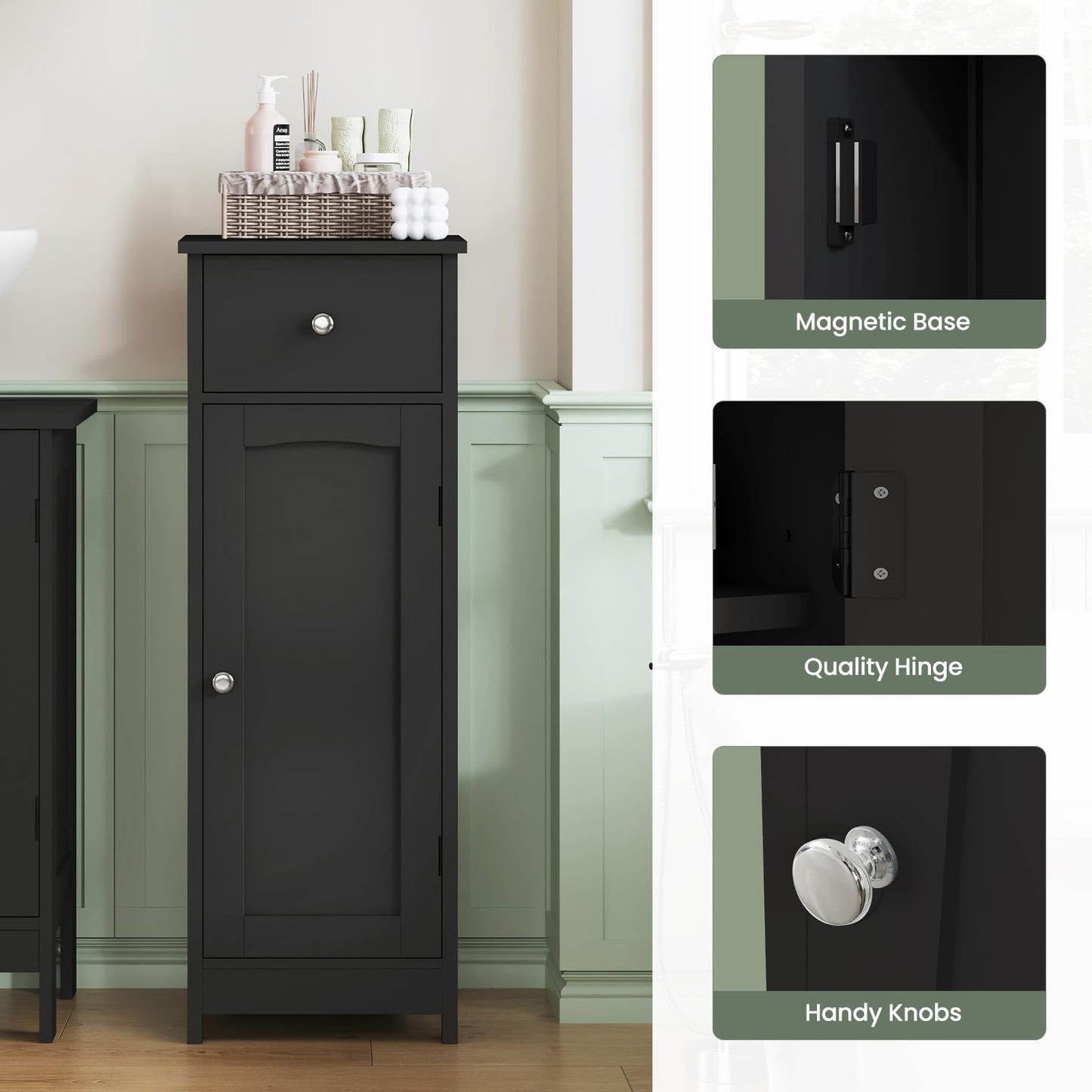 Iwell Bathroom Storage Cabinet, Small Bathroom Floor Cabinet with Drawer & Storage Shelf, Free-Standing Organizer Cabinets for Hallway/Living Room, Black