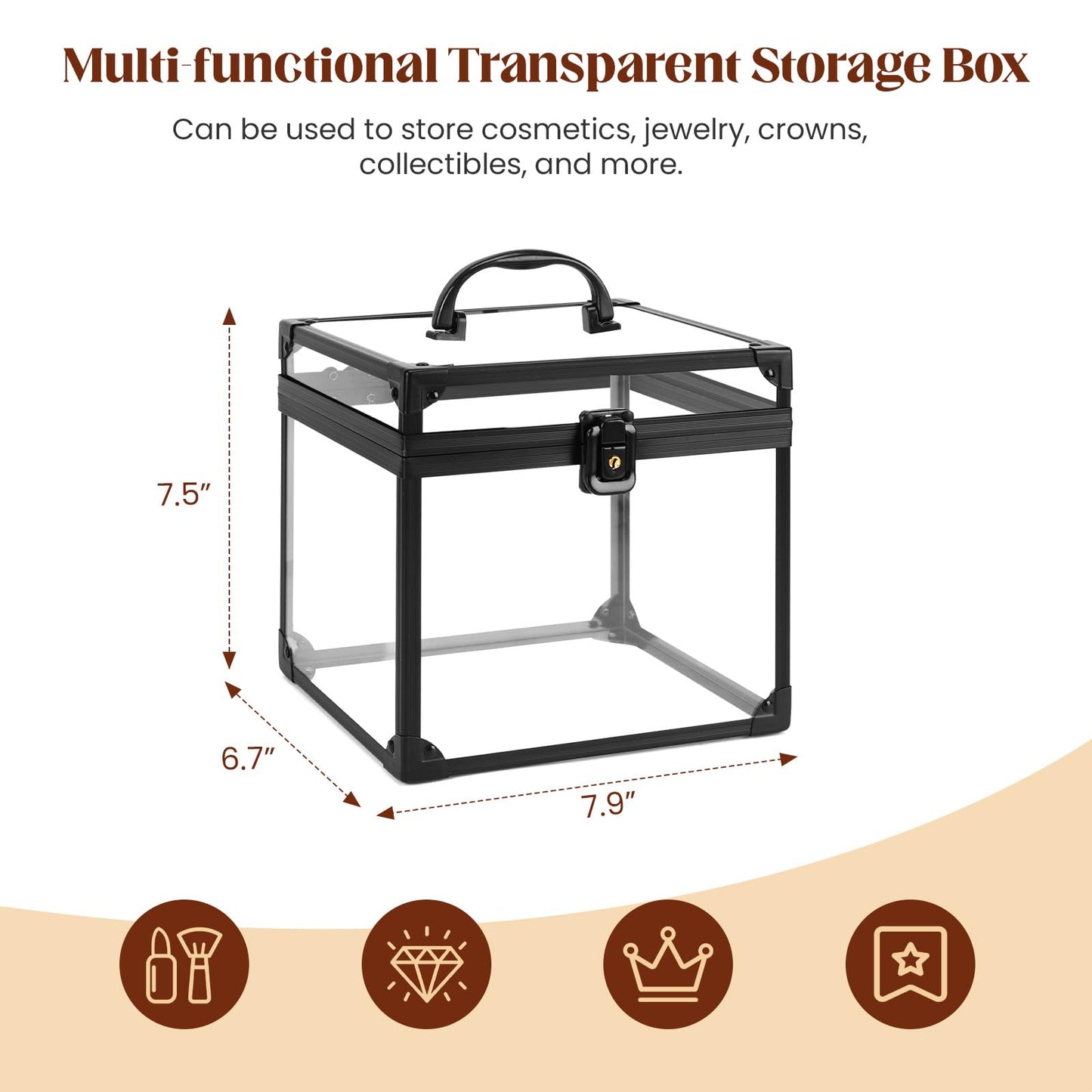 Donghome Crown Box 7.9 x 6.7 x 7.5inch, Clear Acrylic Makeup box, Makeup Organizer, Large Capacity Transparent Display Case for Vanity,Bathroom Counter or Dresser