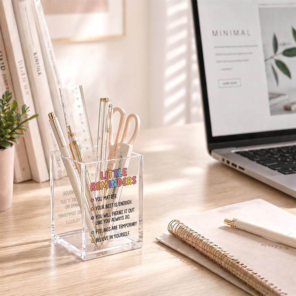 Xiahde Little Reminders You Matter Acrylic Pencil Holder Cup, Mental Health Inspirational Office Gifts for Friend Family Coworker Bestie, Positive Pen Holder for Women Student Teacher, Desk Organizer