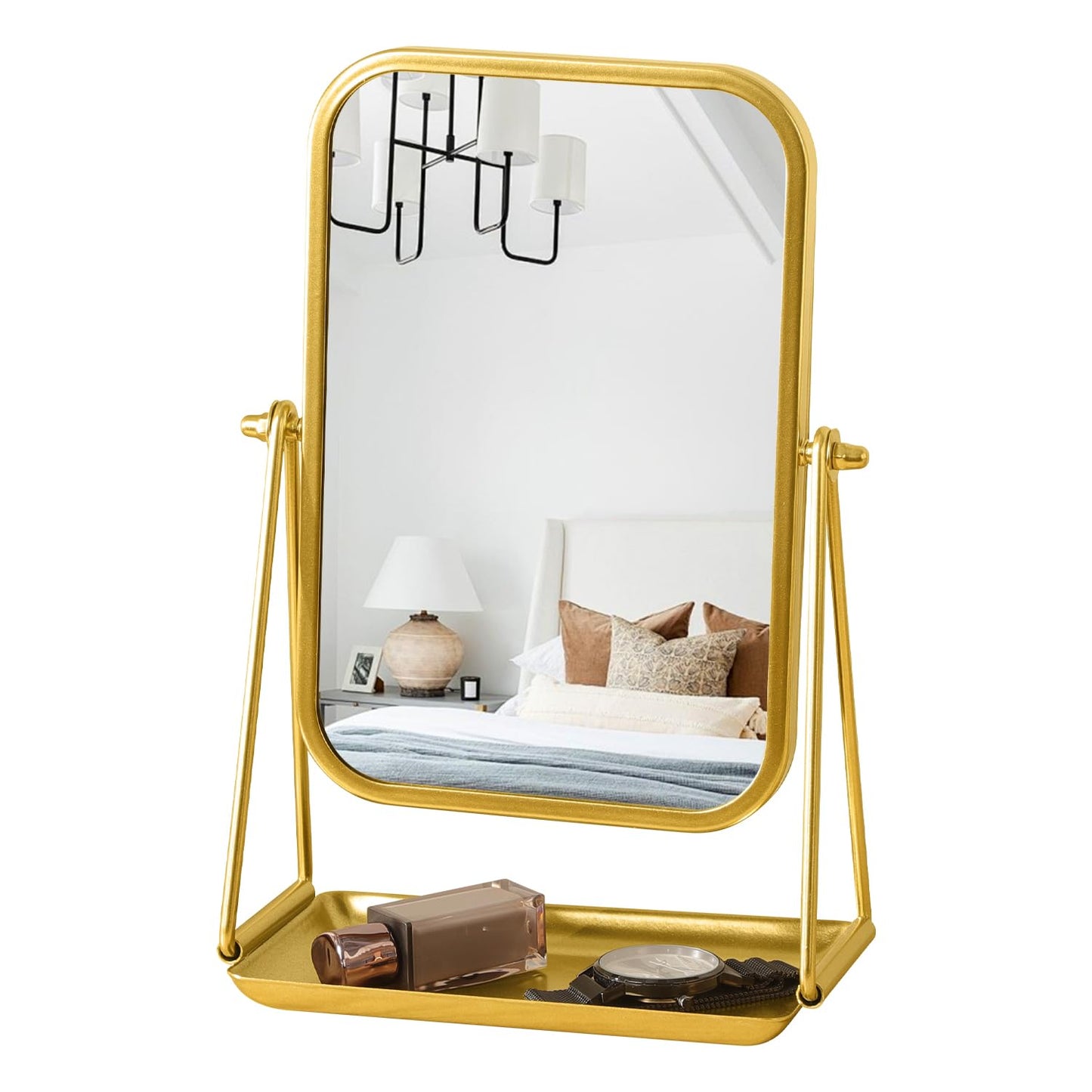 Gold Desk Mirror Rectangular Tabletop Vanity Makeup Mirrors with Metal Stand and Storage 360°Rotation Adjust Table Mirror Portable Cosmetic Mirrors for Dressing Bathroom Bedroom