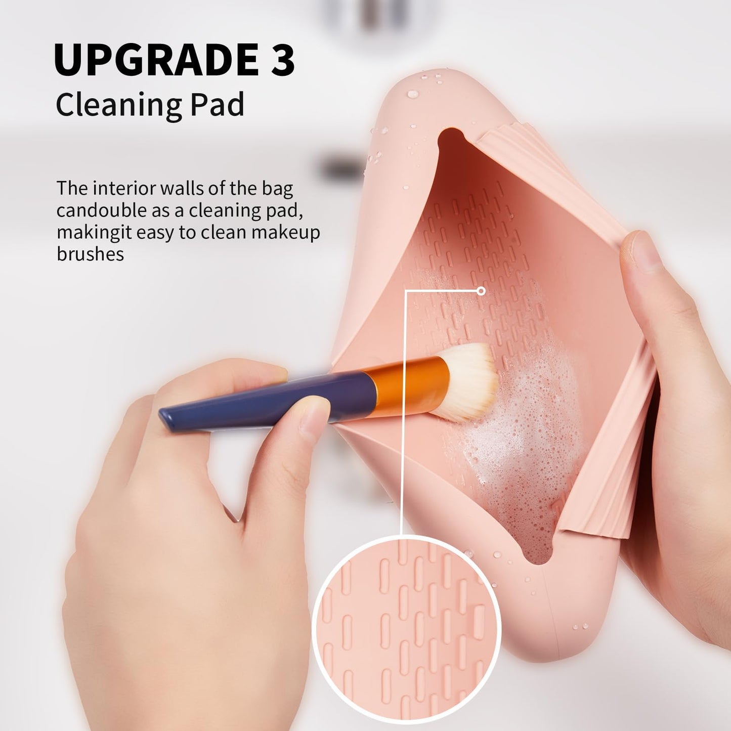 AGIKET Silicone Makeup Brush Holder Travel Cosmetic Bag：Soft Portable Cosmetic Face Brushes Holder with Upgrade Anti-Fall Out Magnetic Closure, Large Travel Makeup Brush Case - Pink Sand