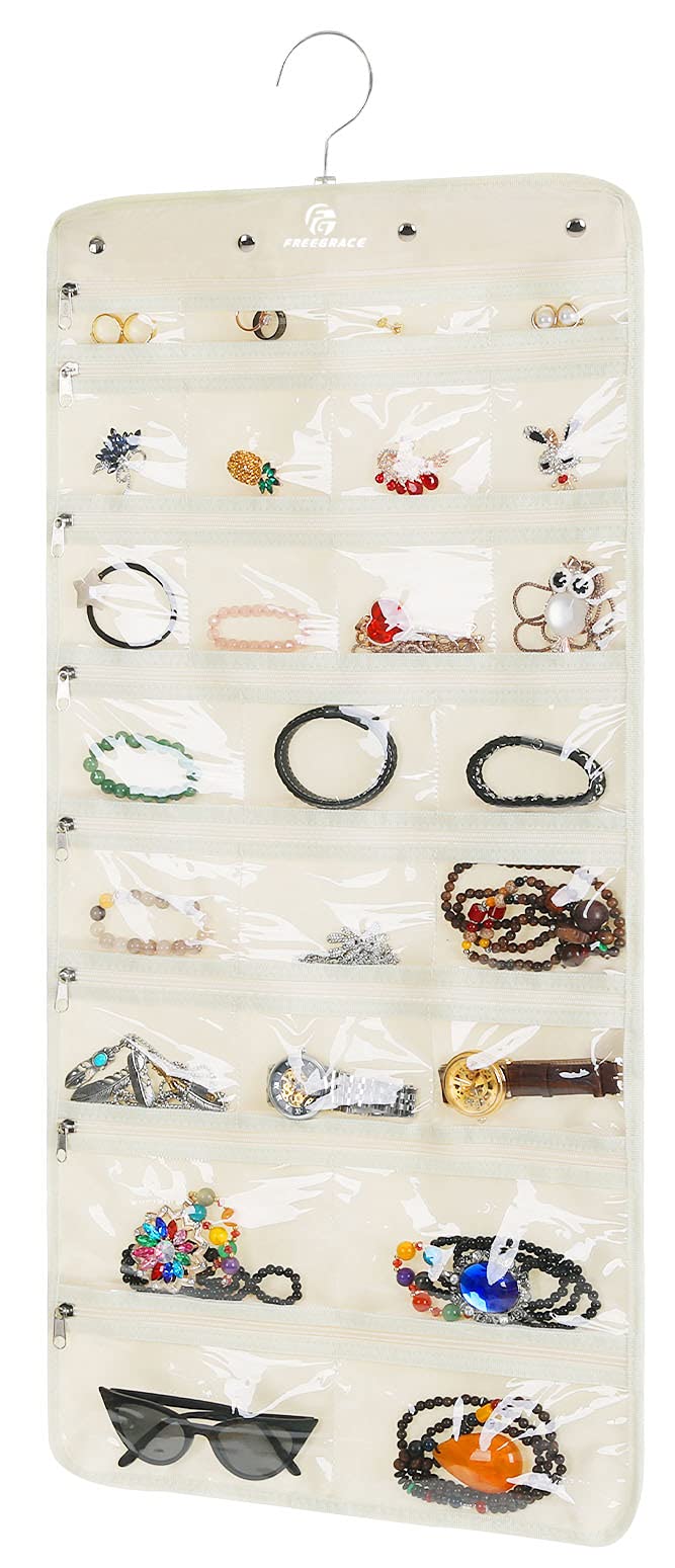 Freegrace Hanging Jewelry Organizer Revolving Hanger - Secure Zipper Closure - 25 Pockets,23 Hooks - Foldable Storage & Display Solution - For All Jewelry & Bijoux (Beige)