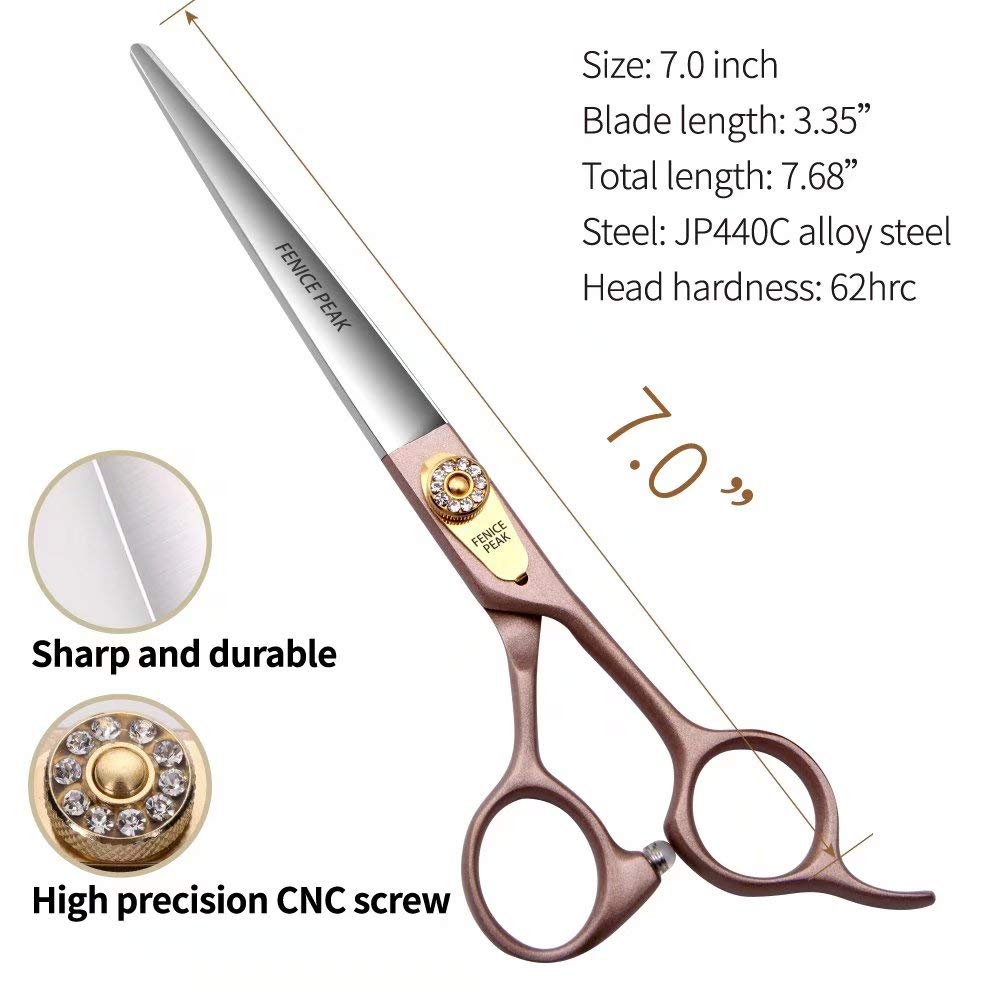 Fenice Peak 7'' Dog Straight Scissors for Grooming 440C Stainless Steel Rose Gold Professional Pet Trimming Scissors Sharp Blades Cutting for Dogs and Cats Shears