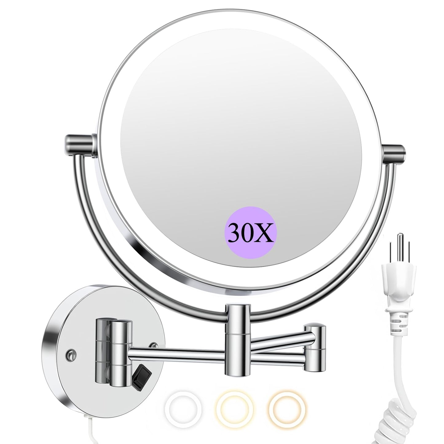 Wall Mounted Makeup Mirror with Lights, 30X/1X Double-Sided Magnifying, Plug-in Lighted Vanity Mirror with 3 Color Modes, Dimmable Brightness, 360° Swivel Extendable Arm for Bathroom & Grooming