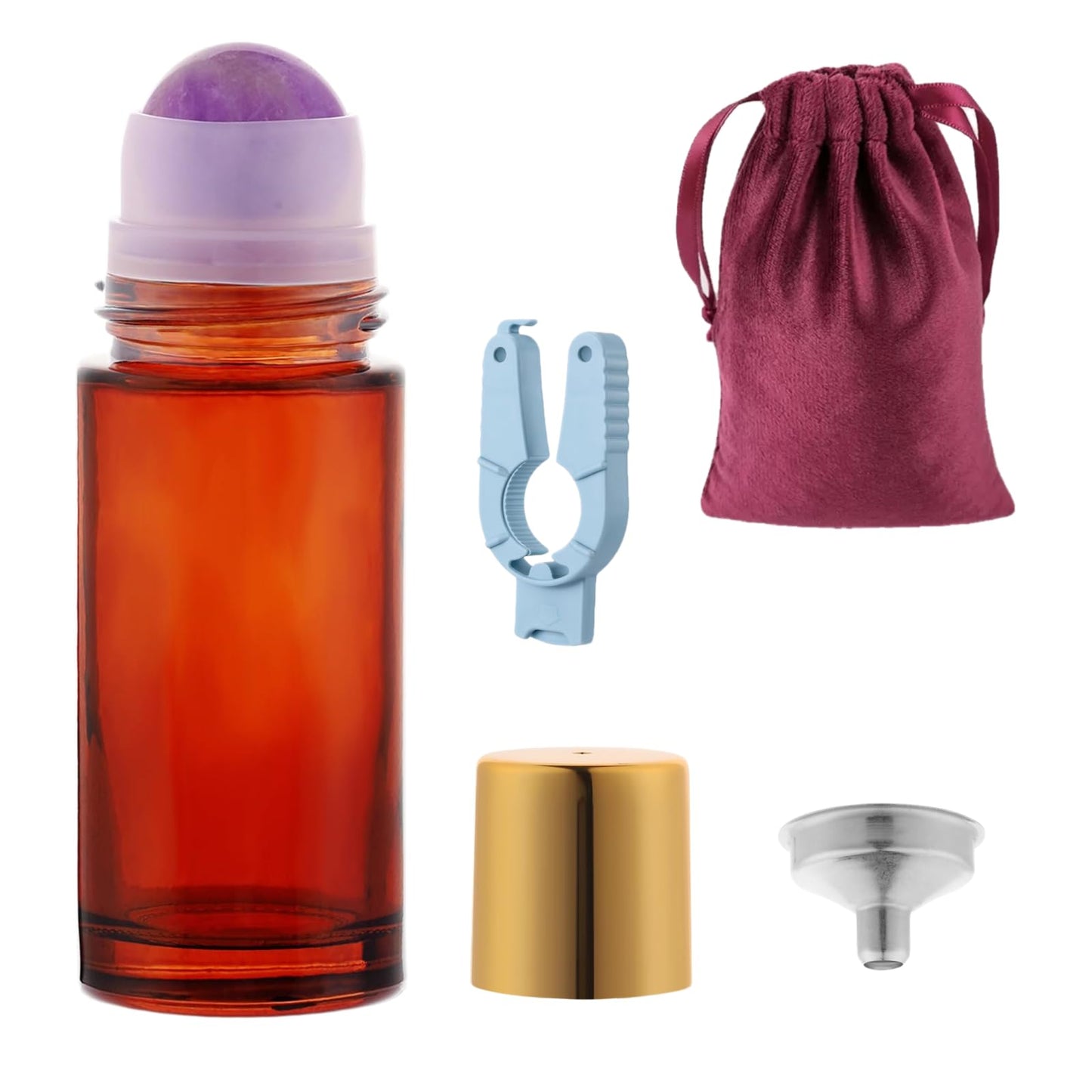 Roller Ball Applicator,Rose Quartz Roller Bottle,50ml Refillable Amber Glass Roll On Bottles with Natural Crystal Roller Balls,Leak-Proof Travel Perfume Bottle with Gold Caps (Purple)