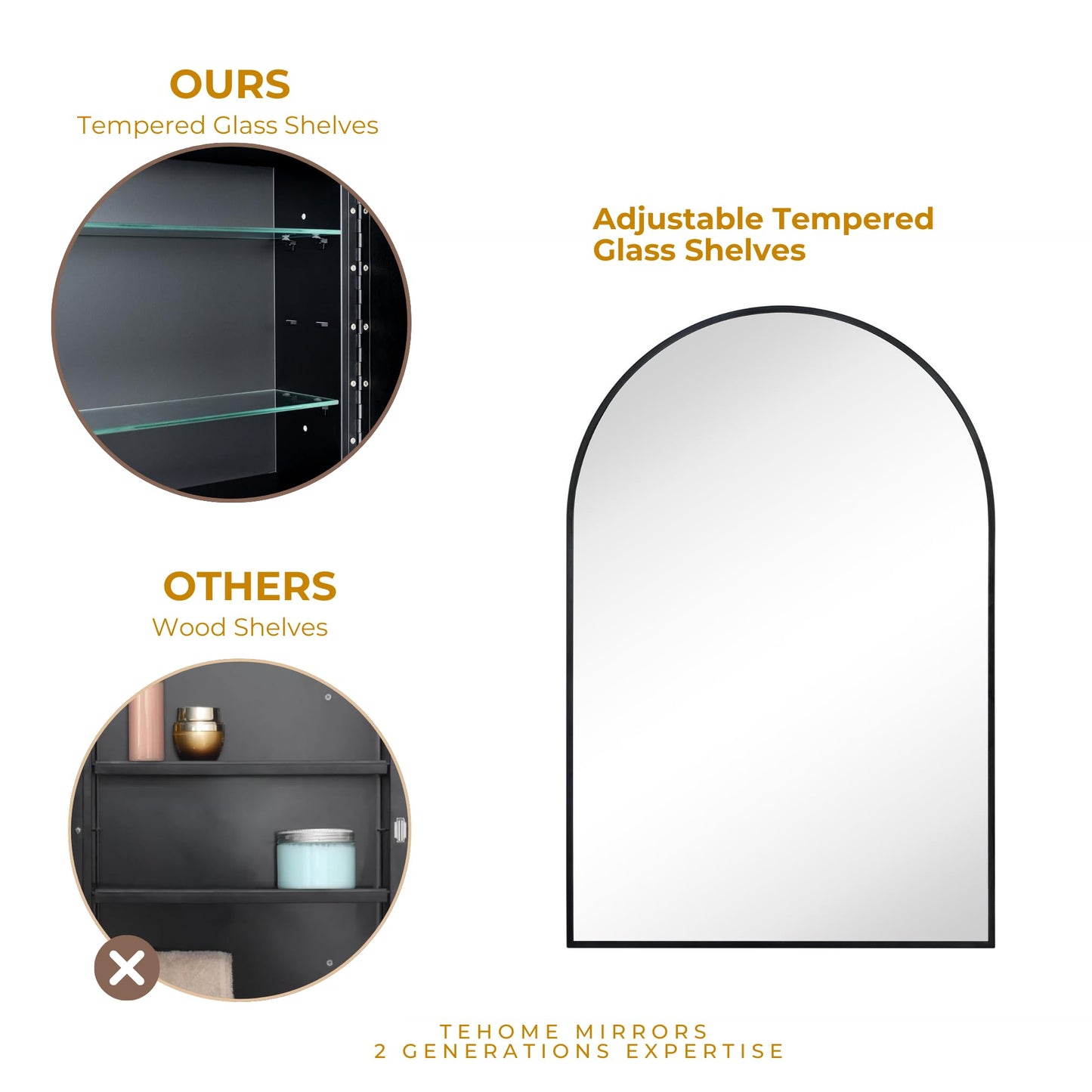 TEHOME 24 x 36'' Black Arch Bathroom Medicine Cabinet with Mirror Recessed and Surface Mounted Medicine Cabinet Mirror