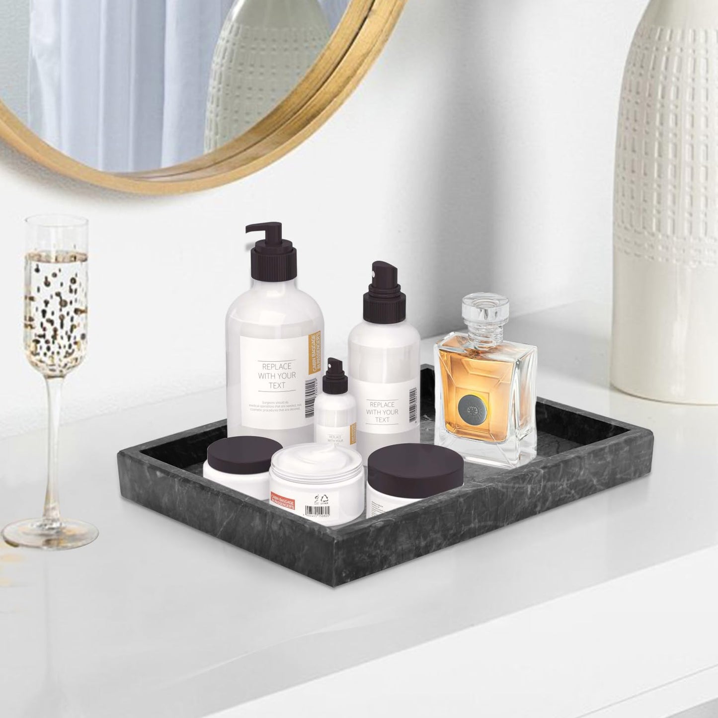 MULWR Marble Bathroom Tray,Pure Natural Vanity Tray,Marble Trays for Kitchen Counter Non-Ceramic/Non-Resin,Stone Tray 12 x 8 inch (Black) ﻿