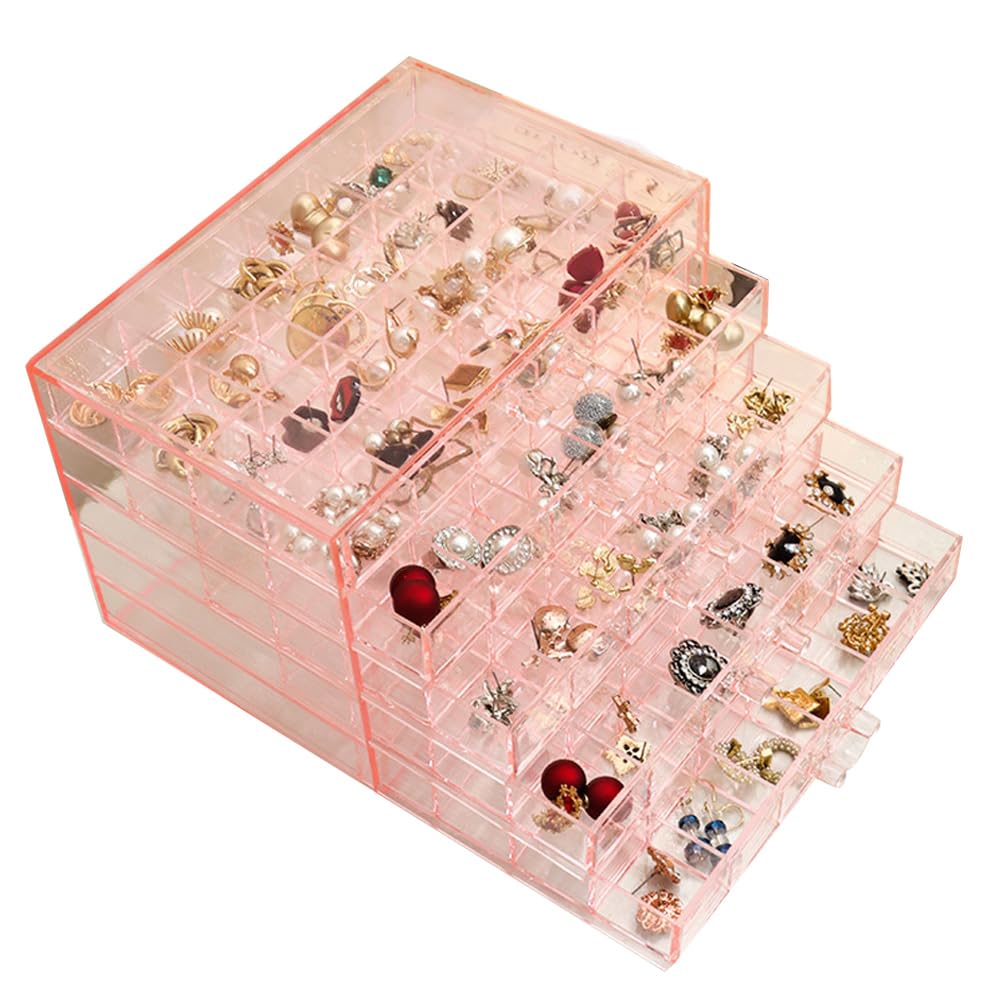 YUFONG Earring Storage Box Organizer, Acrylic Jewelry Storage Box Holder 5 Drawers Transparent Jewelry Display Stand with 120 Small Compartments Gift Boxes for Women Girls (Clear Pink)