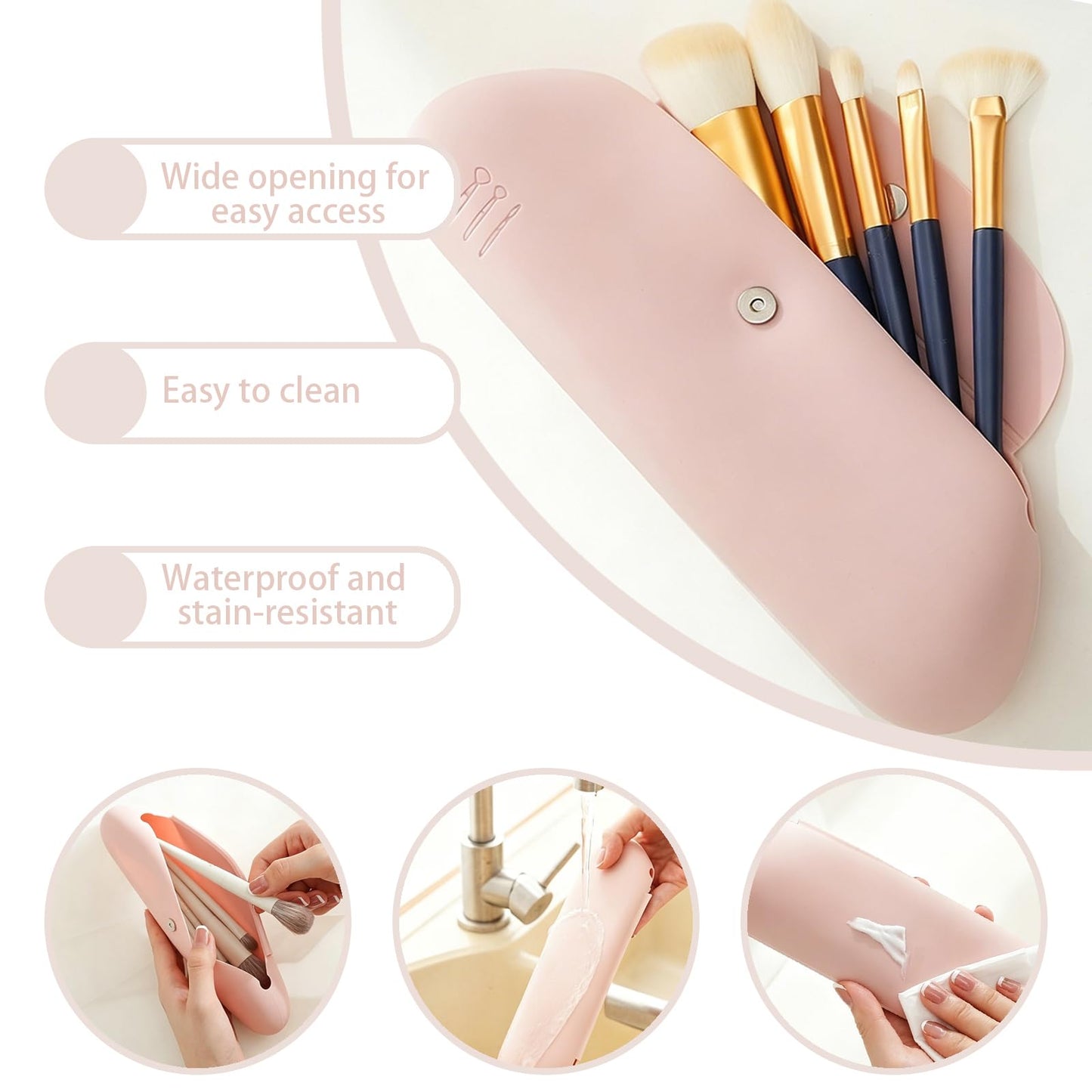 Silicone Makeup Brush Holder & Foldable Brush Cleaner Set – Travel Brush Case with Magnetic Closure, Portable Cleaning Bowl for Brushes, Sponges, and Powder Puffs (Light Pink)