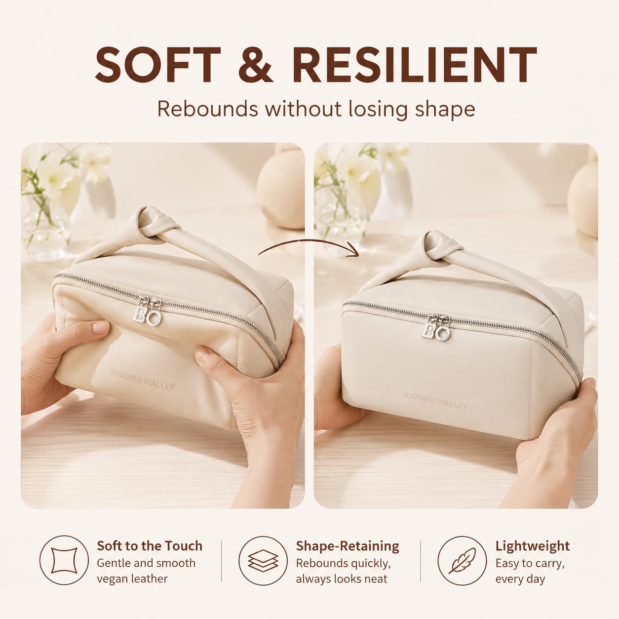 YDR Large Capacity Makeup Bag for Women, Wide Open PU Leather Travel Cosmetic Organizer with Brush Holder, Portable Toiletry Bag for Skincare, White