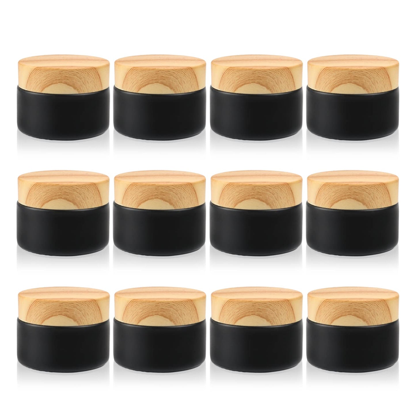 DMuuuDM 12 Pcs 1 Oz Frosted Cream Jar,Empty Refillable Glass Cosmetic Container Jars Holder with Inner liner,Wood Grain Lid for moisturizer,Foundation,Lotion,Ointment-Black