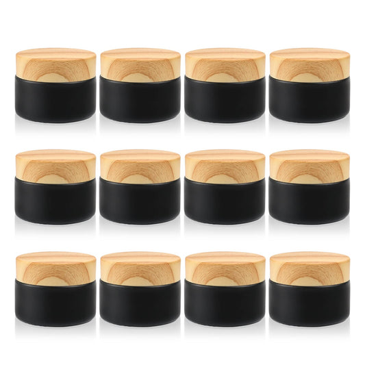 DMuuuDM 12 Pcs 1 Oz Frosted Cream Jar,Empty Refillable Glass Cosmetic Container Jars Holder with Inner liner,Wood Grain Lid for moisturizer,Foundation,Lotion,Ointment-Black