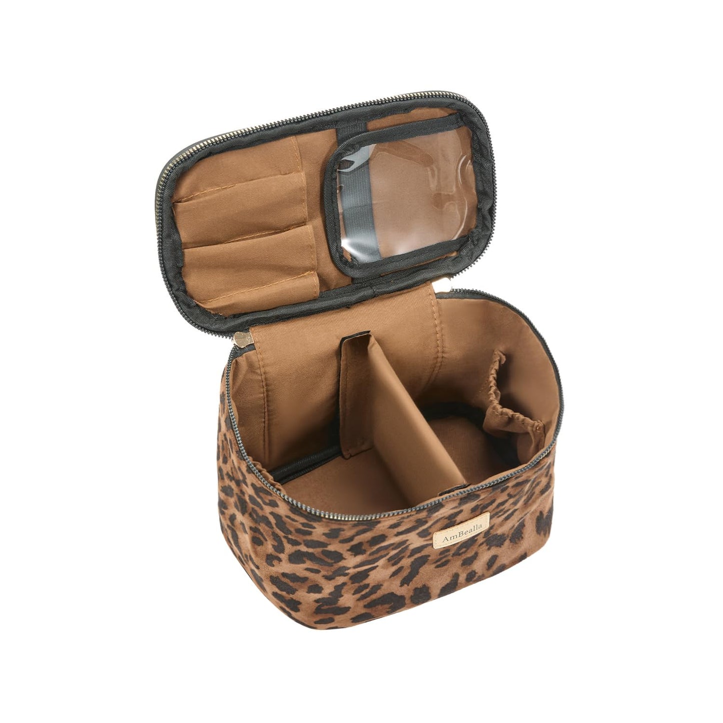 AmBealla Large Makeup Travel Bag Cosmetic Bags with Makeup Mirror and Brush Holder,Makeup Organizer Leopard Print for Women,Portable Toiletry Bag for Fashion Girls