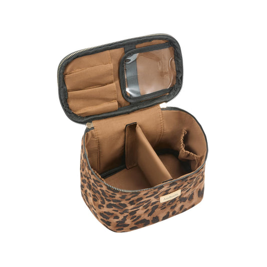 AmBealla Large Makeup Travel Bag Cosmetic Bags with Makeup Mirror and Brush Holder,Makeup Organizer Leopard Print for Women,Portable Toiletry Bag for Fashion Girls