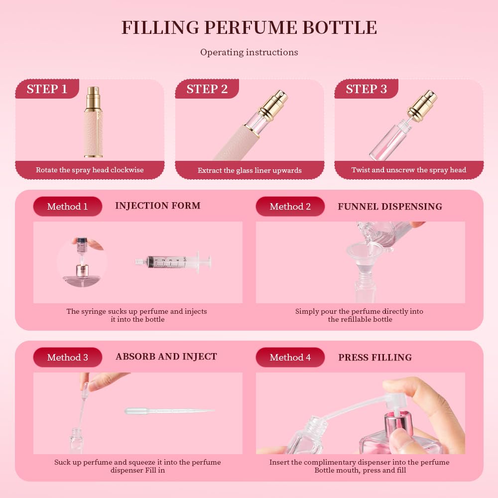 DIOHIO Atomizer Perfume Spray Bottle Refillable - 5ml Glass Inner Bottle with Premium Leather Case, Portable Travel Sprayer for Fragrance Lovers (Flash-Gold-Pink)
