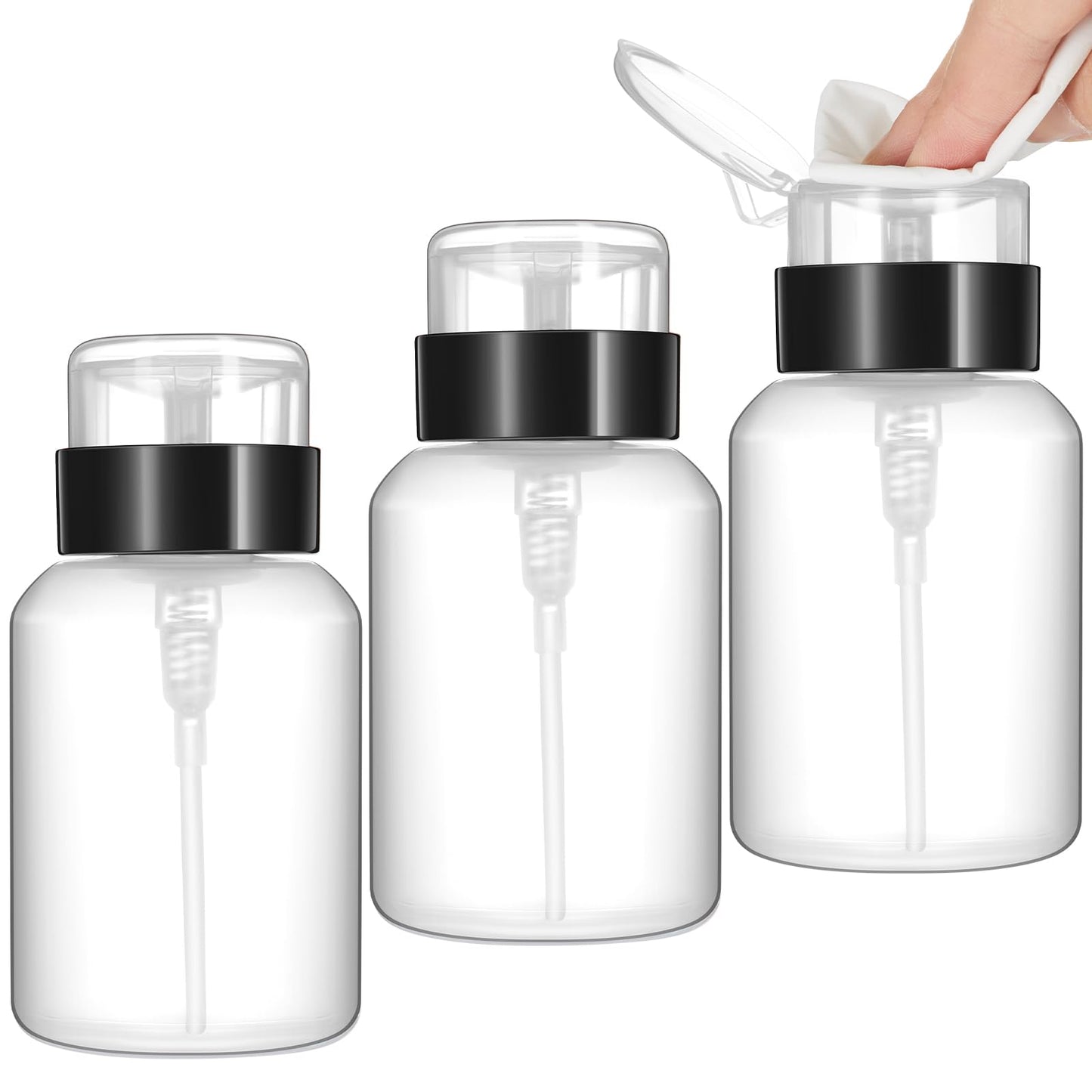 Layhit 3 Pack 6.8 oz (200ml) Push Down Lockable Pump Dispenser Bottle with Stickers, Alcohol Push Down Empty Refillable Container for Nail Polish Remover, Alcohol & Makeup Remover (Black Top Cap)