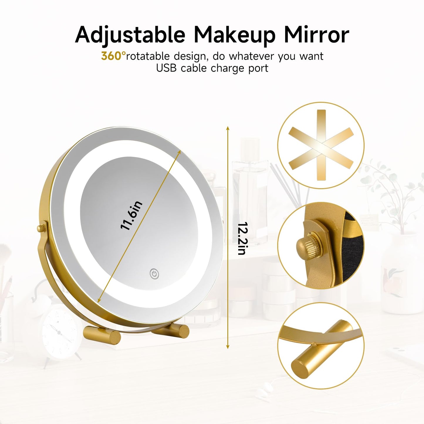 taotanra-Gold Makeup Mirror with controllable Color-Changing Light, Placed on the Table, 360° Rotation - Large Size