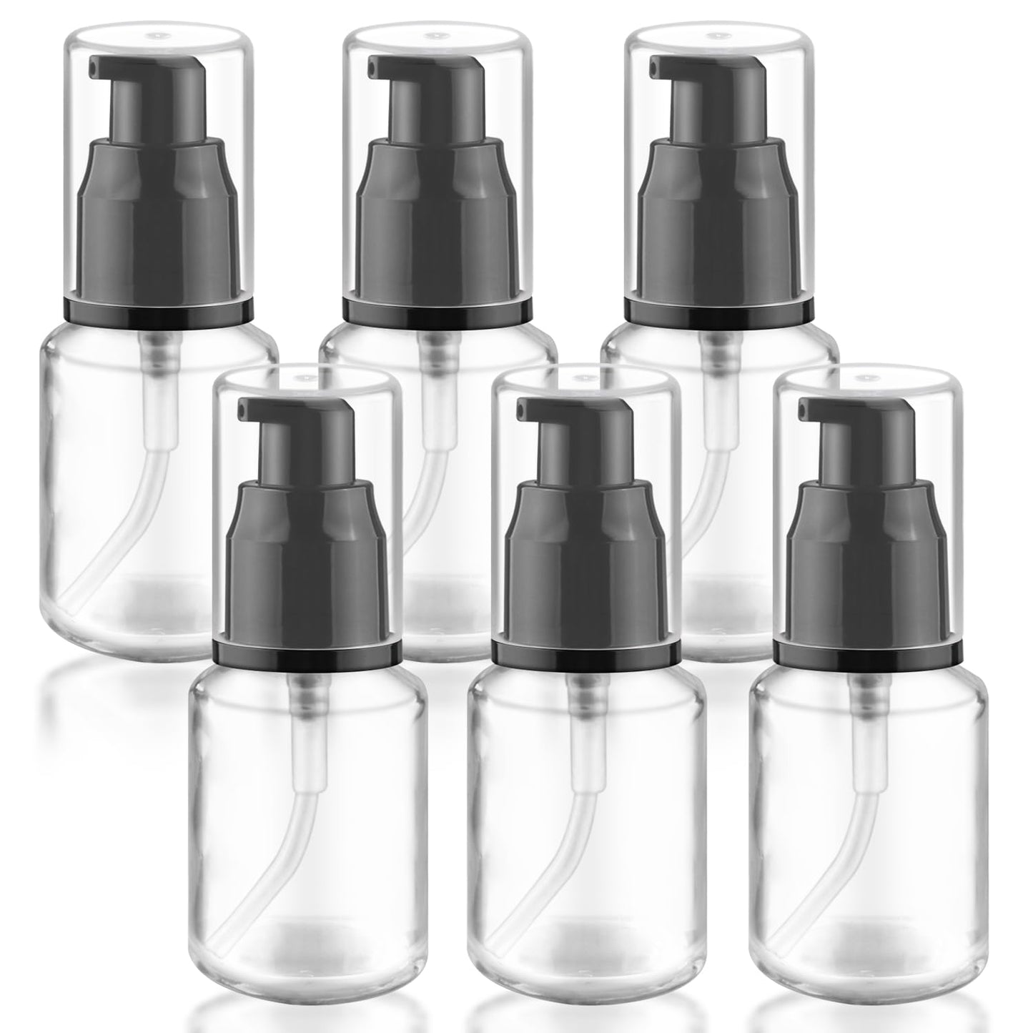 BOSMIOW 6 Pcs 30ml/1oz Clear Glass Lotion Pump Jars,Travel Size Shampoo Bottles,Refillable Cosmetic Containers for Foundation,Creams,Essential Oil and Other Toiletries
