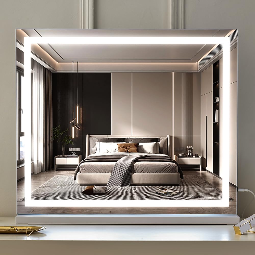HIEEY Lighted Makeup Mirror, 18.1" x 22.8" Hollywood Vanity Mirror with Lights, Three Color Lighting Modes, with 5X Magnification Mirror, Smart Touch Control, 360°Rotation (White)