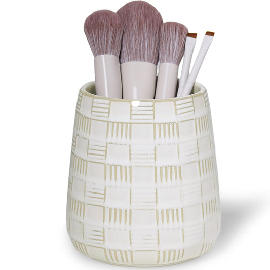QUXIJA Makeup Brush Holders Bathroom Vanity, Ceramic Brushes Cup (Vintage White)
