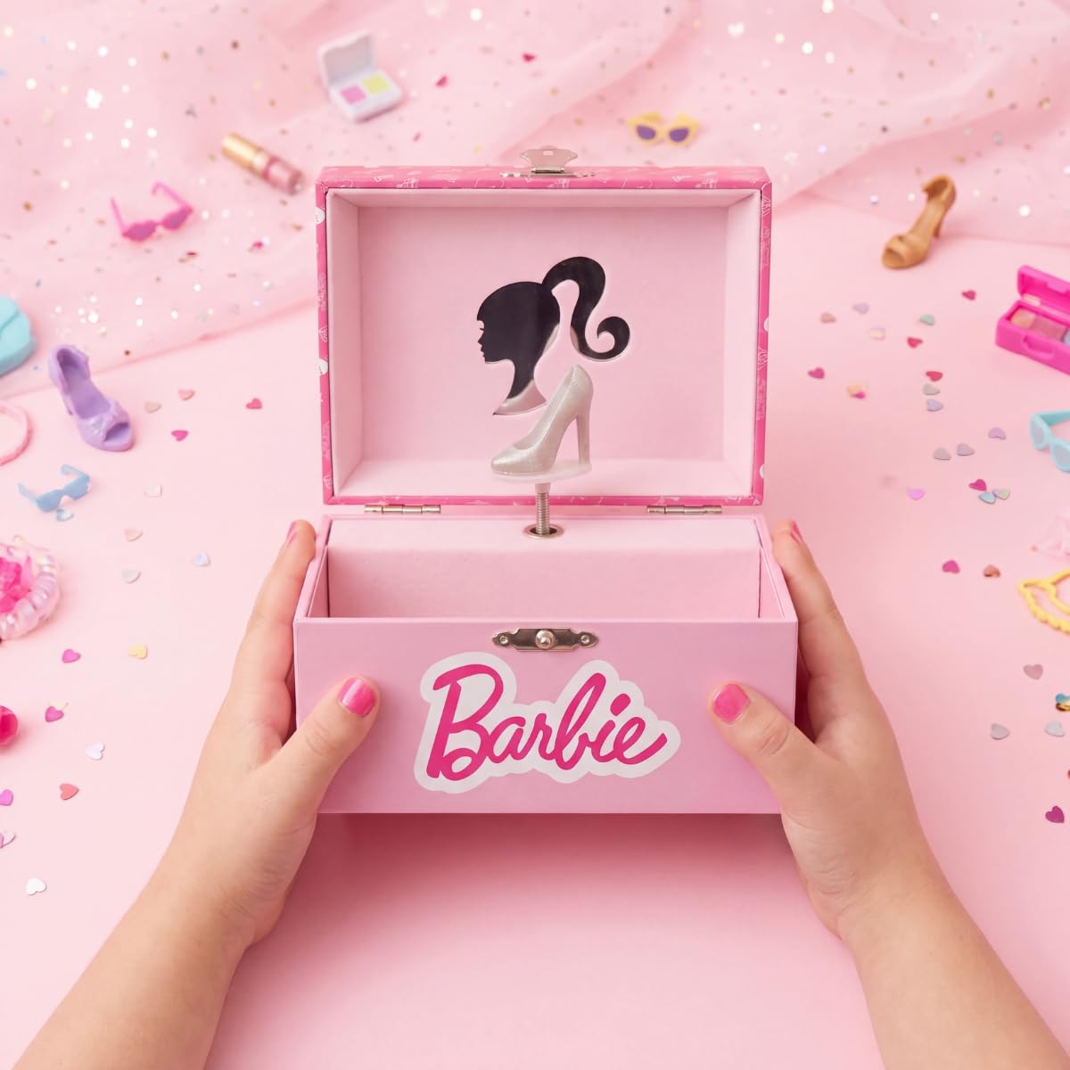 Mini Treasures Barbie Storage Organizer for Accessories Musical Jewelry Box with Spinning Figurine, Barbie Toys for Girls Ages 3-5