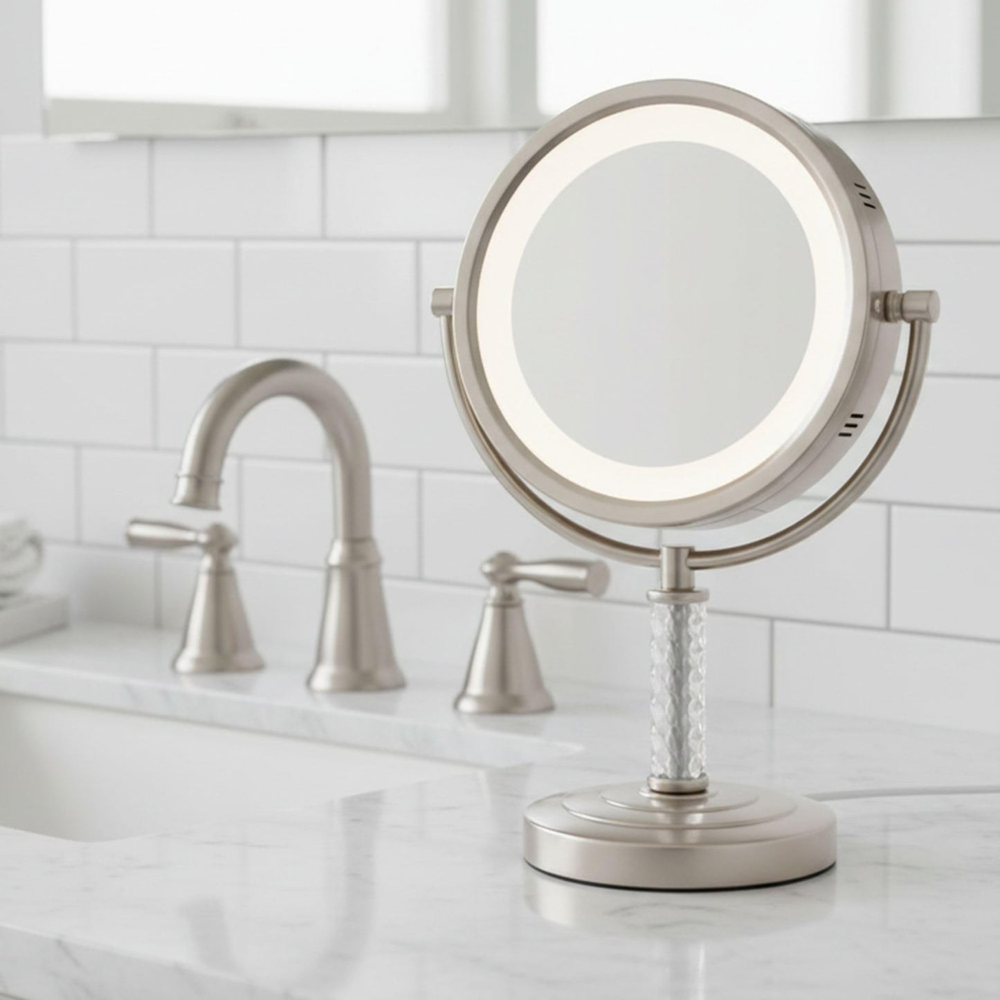 JERDON Lighted Makeup Mirror – 6X Magnifying Tabletop Vanity Mirror for Precision Makeup, Tweezing & Grooming – 8" Nickel Finish, 360° Swivel – Model HL856MNC