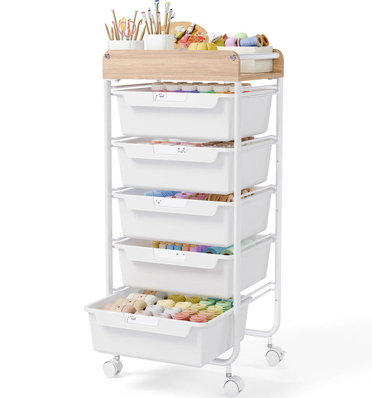 Utility Cart with Drawers,Craft Cart with 5 Drawers,Art Supply Organizer,Rolling Drawer Cart,Craft Storage Cart,Storage Drawer Carts With DIY Lable and Wooden Tabletop Area,White