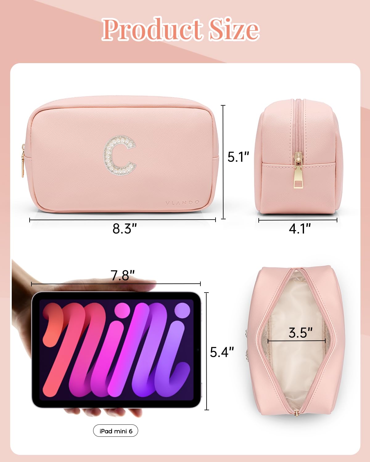 VLANDO Initial Makup Pouch Birthday Gifts for Teen Personalized Toiletry Bag w Zipper, Graduation Gifts Holidays Day Gifts Makeup Bag for Purse Preppy Stuff for Girls Letter C