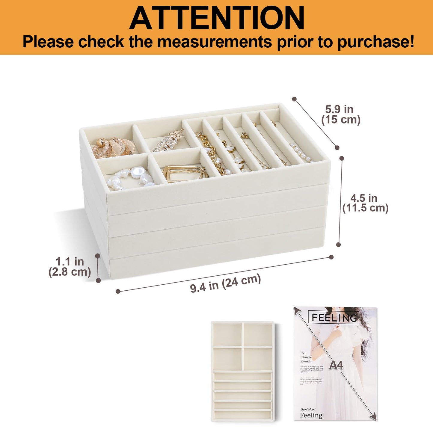 ProCase Stackable Jewelry Organizer Trays for Drawers, Jewelry Drawer Inserts Container Display Case Storage for Earring Necklace Rings Bracelet with Removable Dividers -Beige, 4 Layers
