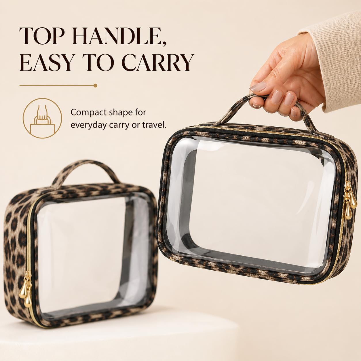 Clear Makeup Bags with Zipper, TSA Approved Travel Toiletry Bag, 2-Pack (Large, Medium) Clear Cosmetic Bag Handle, Waterproof Make Up Bag for Women, Car Bag Organizer & Car Organization Essentials