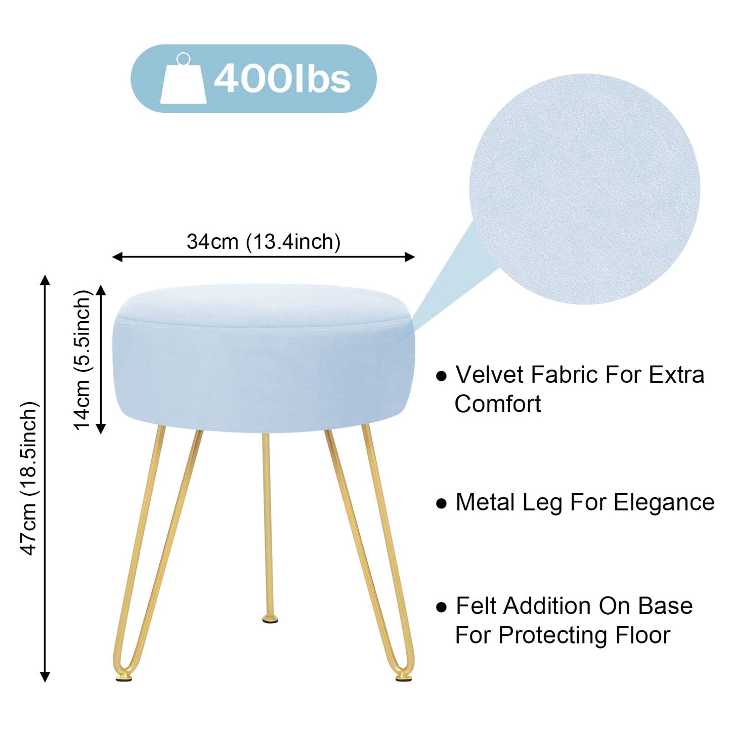 GERANT Multifunctional Vanity Stool - Velvet Footrest Stool-Upholstered Chair Stool -Ottoman Round Modern Dressing Chair - Side Coffee Table Seat with Golden Metal Leg for Living Room (Light Blue)