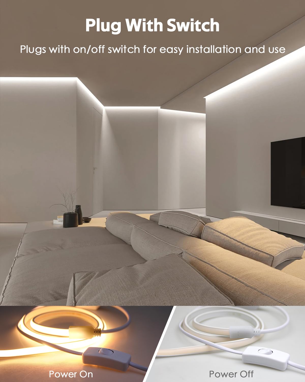 Samsion 120V COB LED Rope Lights 16.4FT Outdoor LED Strip Lights Waterproof Daylight White 6000K Super Bright Flexible LED Tape Lights with Switch Plug in 288Leds/M for Indoor Exquisite Wall Decor 5M